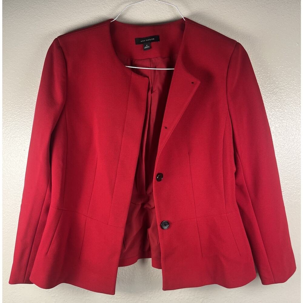 Ann Taylor Women's Red Collarless Two-Button Peplum Blazer Jacket Size 8